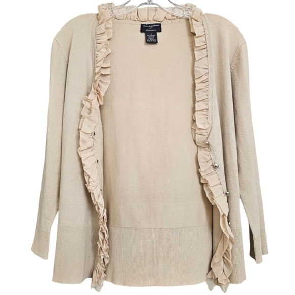 Nwot Philosophy by Republic Tan Ruffled 3/4 Sleeve Cardigan w/Silver Bead Button - Picture 13 of 15